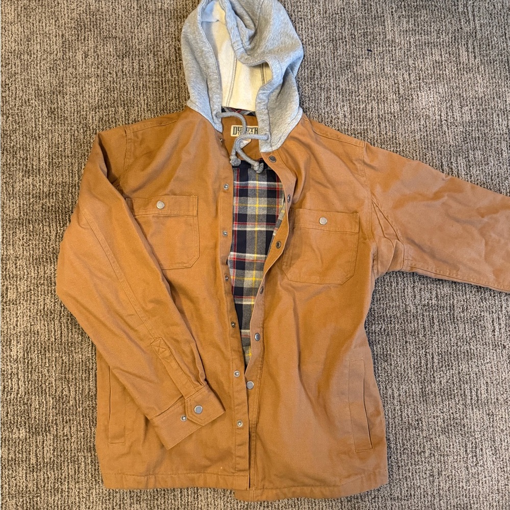 Duluth Trading Co Tan Jacket with Gray Hood